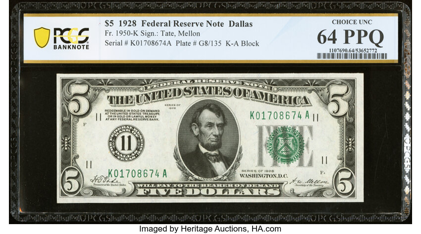 image for: Fr. 1950-K $5 1928 Federal Reserve Note. PCGS Banknote Choice Unc 64 PPQ....