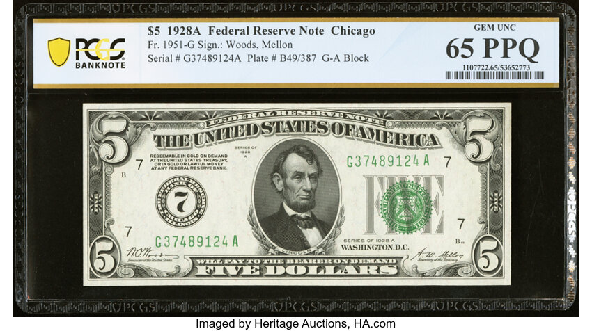 image for: Fr. 1951-G $5 1928A Federal Reserve Note. PCGS Banknote Gem Unc 65 PPQ....