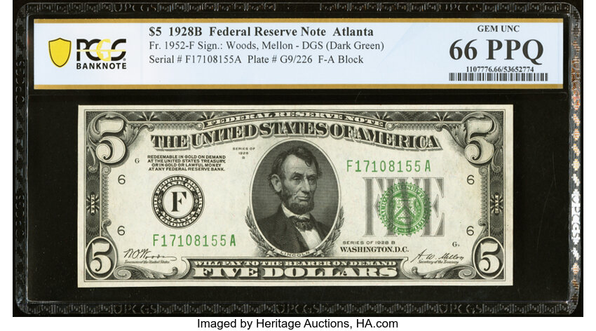 image for: Fr. 1952-F $5 1928B Federal Reserve Note. PCGS Banknote Gem Unc 66 PPQ....