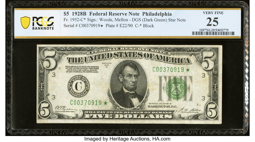 image for: Fr. 1952-C* $5 1928B Federal Reserve Star Note. PCGS Banknote Very Fine 25....