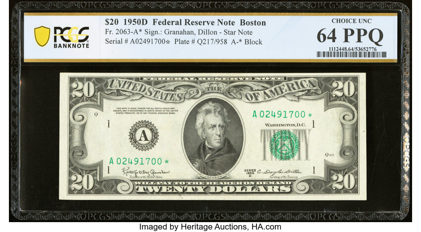 image for: Fr. 2063-A* $20 1950D Federal Reserve Star Note. PCGS Banknote Choice Unc 64 PPQ....