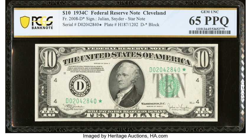 image for: Fr. 2008-D* $10 1934C Federal Reserve Star Note. PCGS Banknote Gem Unc 65 PPQ....
