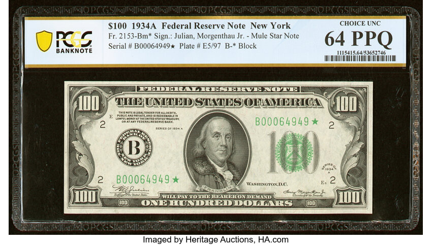 image for: Fr. 2153-B* $100 1934A Mule Federal Reserve Star Note. PCGS Banknote Choice Unc 64 PPQ....