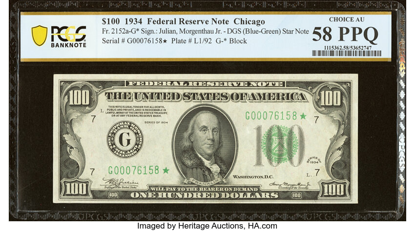 image for: Fr. 2152-G* $100 1934 Federal Reserve Star Note. PCGS Banknote Choice AU 58 PPQ....