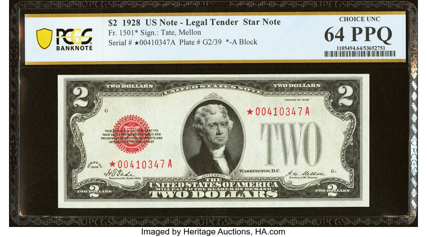 image for: Fr. 1501* $2 1928 Legal Tender Star Note. PCGS Banknote Choice Unc 64 PPQ....