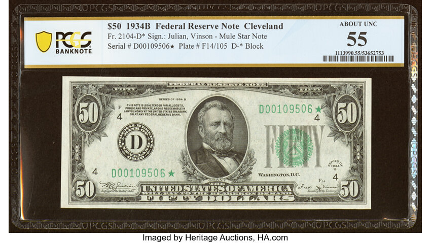 image for: Fr. 2104-D* $50 1934B Federal Reserve Star Note. PCGS Banknote About Unc 55....