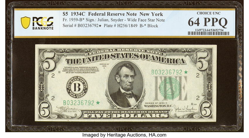 image for: Fr. 1959-B* $5 1934C Wide Federal Reserve Star Note. PCGS Banknote Choice Unc 64 PPQ....