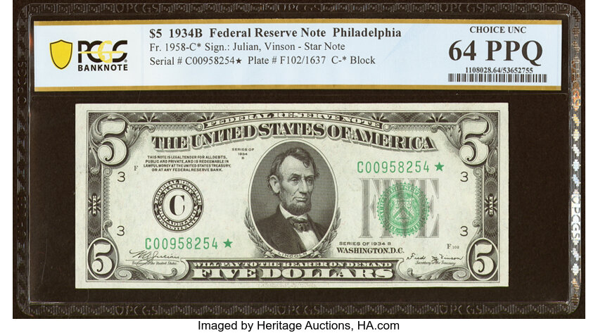 image for: Fr. 1958-C* $5 1934B Federal Reserve Star Note. PCGS Banknote Choice Unc 64 PPQ....