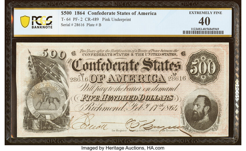 image for: T64 $500 1864 PF-2 Cr. 489 PCGS Banknote Extremely Fine 40....
