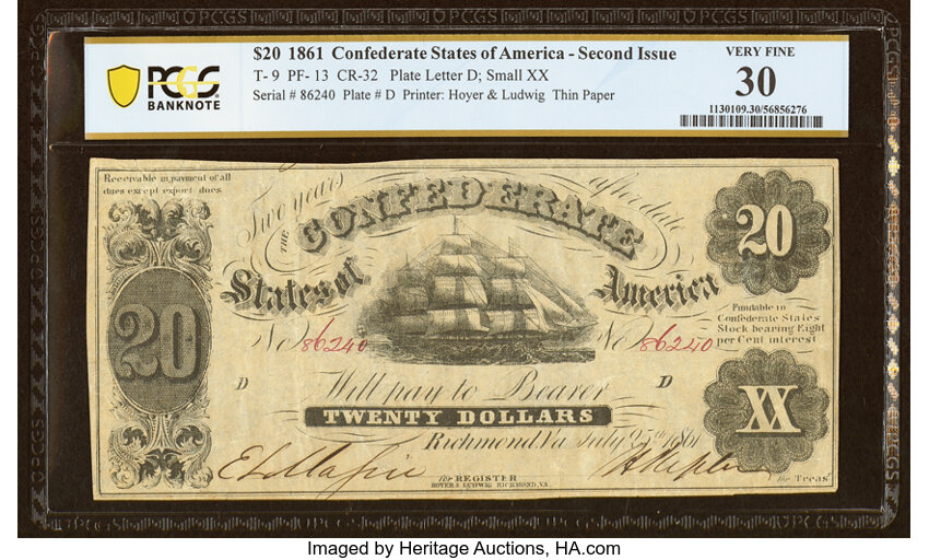 image for: T9 $20 1861 PF-13 Cr. 32 PCGS Banknote Very Fine 30....