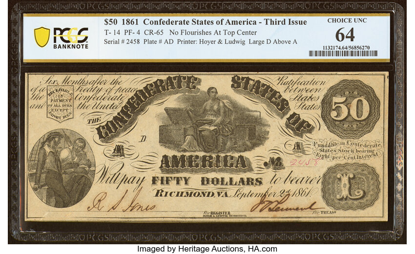 image for: T14 $50 1861 PF-4 Cr. 65 PCGS Banknote Choice Unc 64....