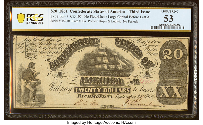 image for: T18 $20 1861 PF-7 Cr. 107 PCGS Banknote About Unc 53....