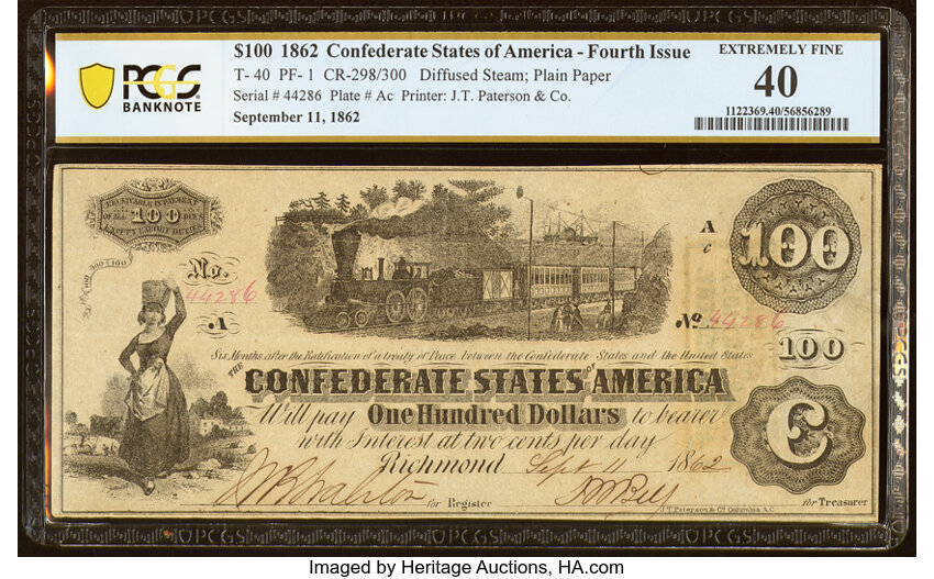 image for: T40 $100 1862 PF-1 Cr. 298 PCGS Banknote Extremely Fine 40....