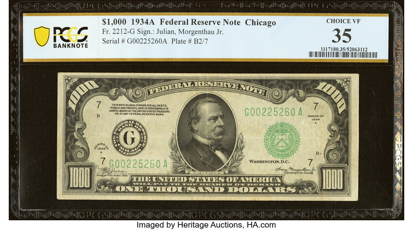 image for: Fr. 2212-G $1,000 1934A Federal Reserve Note. PCGS Banknote Choice VF 35....