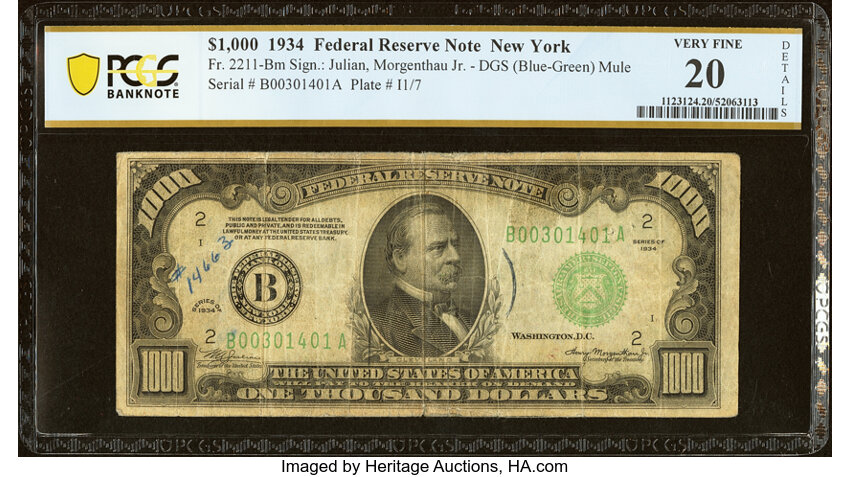 image for: Fr. 2211-B $1,000 1934 Mule Federal Reserve Note. PCGS Banknote Very Fine 20 Details....