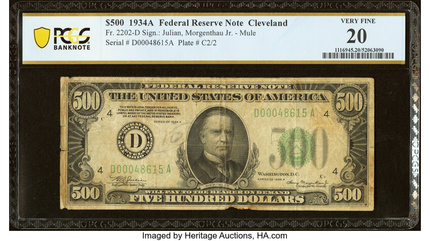 image for: Fr. 2202-D $500 1934A Federal Reserve Note. PCGS Banknote Very Fine 20....