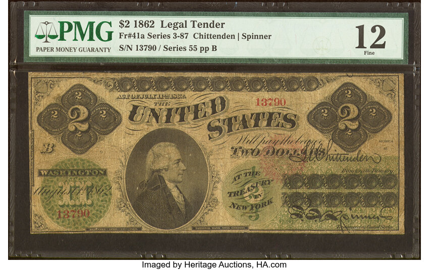 image for: Fr. 41a $2 1862 Legal Tender PMG Fine 12....
