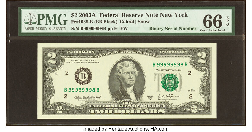 image for: Near Solid Serial Number 99999998 Fr. 1938-B $2 2003A Federal Reserve Note. PMG Gem Uncirculated 66 EPQ....