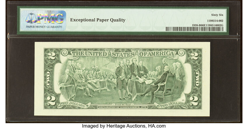 image for: Near Solid Serial Number 99999998 Fr. 1938-B $2 2003A Federal Reserve Note. PMG Gem Uncirculated 66 EPQ....