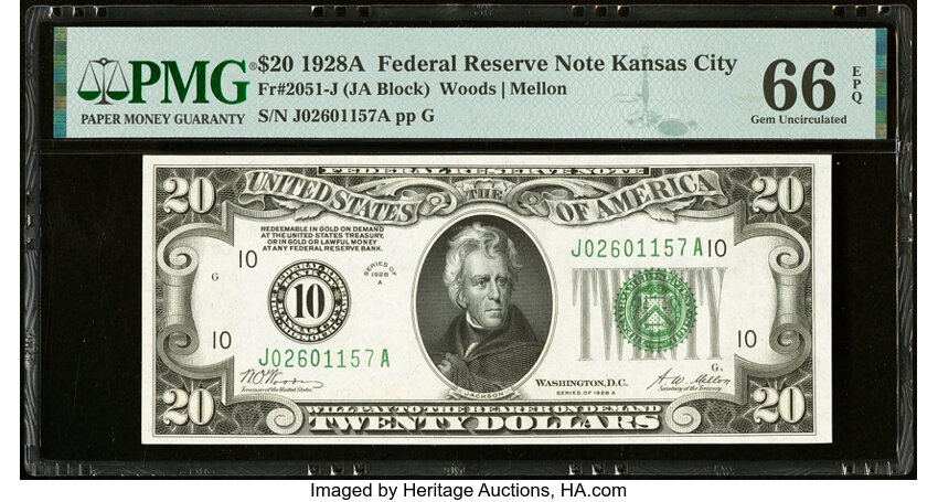 image for: Fr. 2051-J $20 1928A Federal Reserve Note. PMG Gem Uncirculated 66 EPQ....