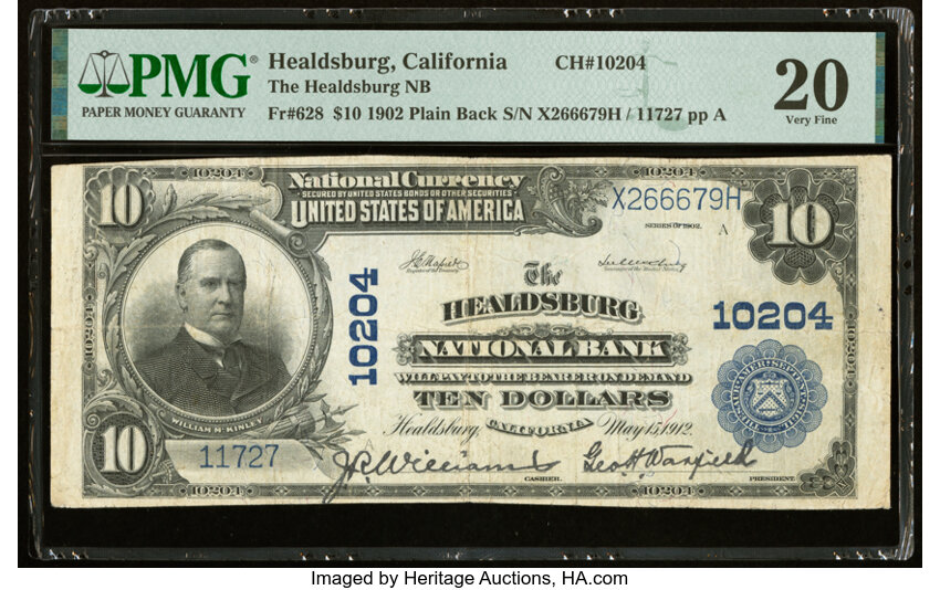 image for: Healdsburg, CA - $10 1902 Plain Back Fr. 628 The Healdsburg National Bank Ch. # 10204 PMG Very Fine 20....