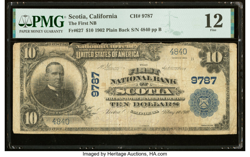 image for: Scotia, CA - $10 1902 Plain Back Fr. 627 The First National Bank Ch. # 9787 PMG Fine 12....