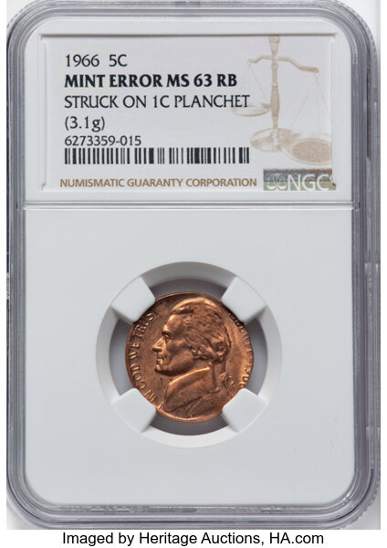 image for: 1966 5C Jefferson Nickel -- Struck on a Cent Planchet -- MS63 Red and Brown NGC. 3.1 grams....