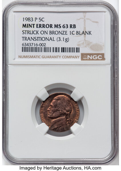 image for: 1983-P 5C Jefferson Nickel -- Struck on Bronze Cent Blank -- MS63 Red and Brown NGC. 3.1 grams. Transitional planchet mint ...