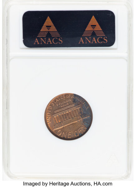 image for: Undated 1C Lincoln Memorial Cent -- Brockage -- MS60 Red and Brown ANACS. Housed in a small-sized holder....