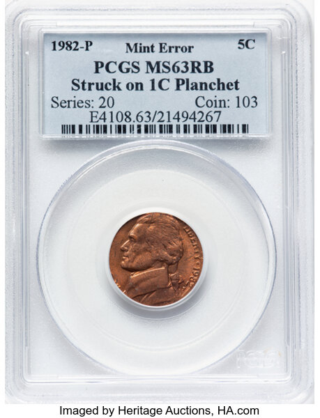 image for: 1982-P 5C Jefferson Nickel -- Struck on a Cent Planchet -- MS63 PCGS. ...