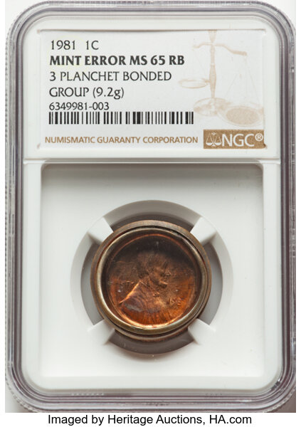 image for: 1981 1C Lincoln Cent -- Three-Planchet Bonded Group -- MS65 Red and Brown NGC. 9.2 grams....