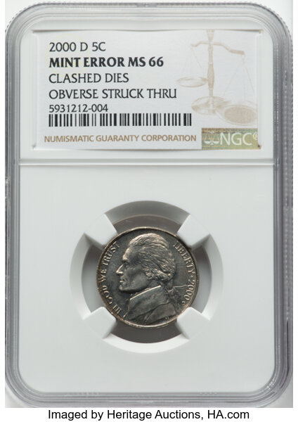 image for: 2000-D 5C Jefferson Nickel -- Clashed Dies, Obverse Struck Thru -- MS66 NGC....