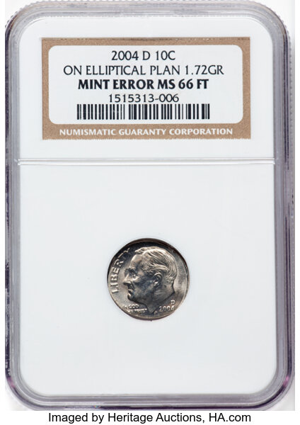 image for: 2004-D 10C Roosevelt Dime -- On an Elliptical Planchet -- MS66 Full Torch NGC. 1.72 grams....