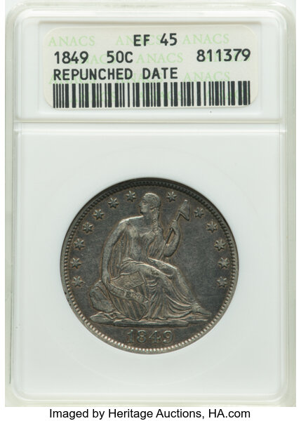image for: 1849 50C Repunched Date, WB-103, Die Pair 9, R.3, XF45 ANACS. Housed in a small-sized holder. Mintage 1,252,000....