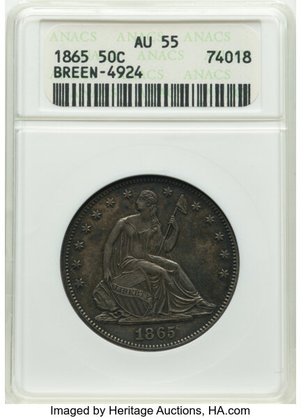 image for: 1865 50C Repunched Date, Breen-4924, WB-102, FS-301, AU55 ANACS. Housed in a small-sized holder.  Mintage 511,400....