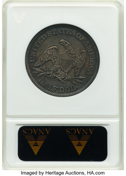 image for: 1865 50C Repunched Date, Breen-4924, WB-102, FS-301, AU55 ANACS. Housed in a small-sized holder.  Mintage 511,400....