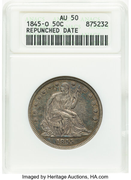 image for: 1845-O 50C Repunched Date, WB-108, FS-303, Die Pair 1, R.2, AU50 ANACS. Housed in a small-sized holder.  Mintage 2,094,000....