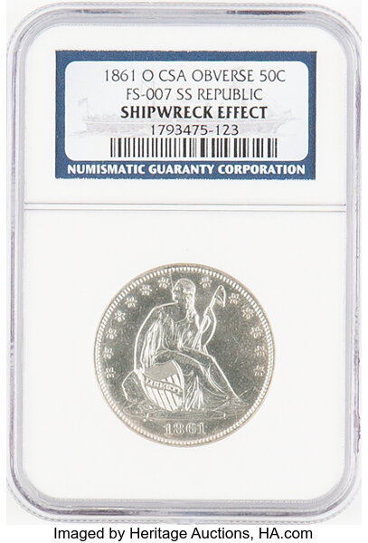 image for: 1861-O 50C Confederate Obverse, WB-102, FS-401, Die Pair 11, R.3 -- Shipwreck Effect -- NGC. Ex: S.S. Republic. Formerl...