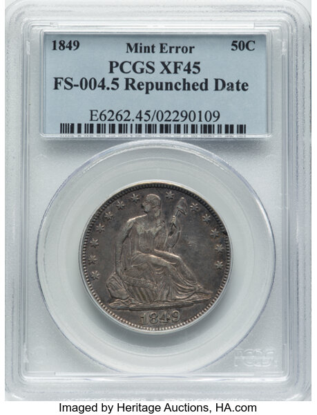 image for: 1849 50C Repunched Date, WB-102, FS-301, Die Pair 6, R.5, XF45 PCGS. Formerly FS-004.5. PCGS Population: 30 in 45, 159 fine...
