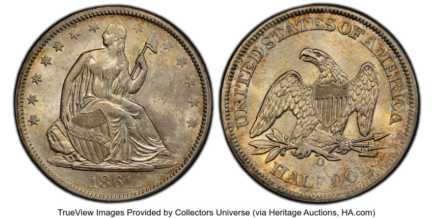 image for: 1861-O 50C Confederate Obverse, WB-102, FS-401, Die Pair 11, R.3, AU58 PCGS. A faint glimmer of gold toning near the rims f...