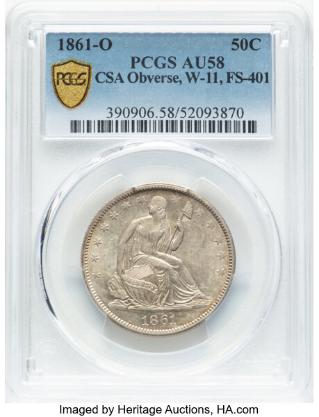 image for: 1861-O 50C Confederate Obverse, WB-102, FS-401, Die Pair 11, R.3, AU58 PCGS. A faint glimmer of gold toning near the rims f...