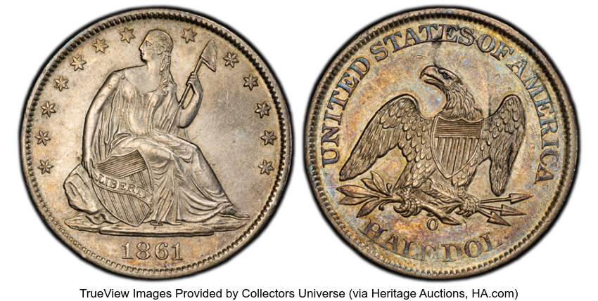 image for: 1861-O 50C Bisected Date, CSA, WB-103, Die Pair 13, R.2, AU58 PCGS. PCGS Population: 4 in 58, 5 finer (10/25). CDN: $1,500 ...