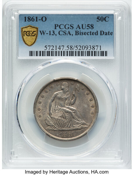image for: 1861-O 50C Bisected Date, CSA, WB-103, Die Pair 13, R.2, AU58 PCGS. PCGS Population: 4 in 58, 5 finer (10/25). CDN: $1,500 ...