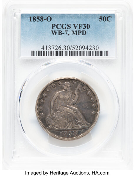 image for: 1858-O 50C Misplaced Date, WB-108, FS-301, Die Pair 7, R.3, VF30 PCGS. PCGS Population: 1 in 30, 4 finer (11/25). CDN: $110...