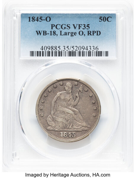 image for: 1845-O 50C Repunched Date, Large O, WB-106, FS-302, Die Pair 18, R.4, VF35 PCGS. PCGS Population: 3 in 35, 2 finer (11/25)....
