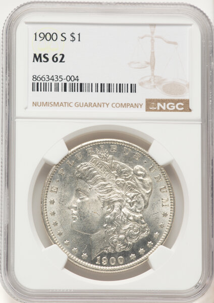 1900-S $1 MS62 NGC. CDN: $425 Whsle. Bid for NGC/PCGS MS62. Mintage 3,540,000. ...