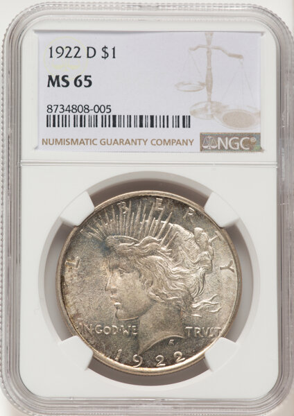 1922-D $1 MS65 NGC. CDN: $455 Whsle. Bid for NGC/PCGS MS65. Mintage 15,063,000. ...