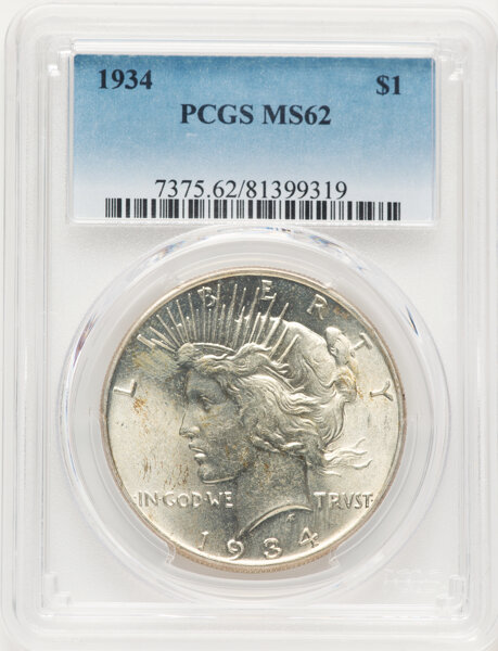 1934 $1 MS62 PCGS. CDN: $180 Whsle. Bid for NGC/PCGS MS62. Mintage 954,057. ...