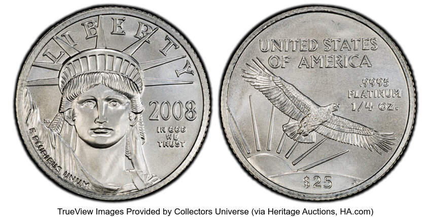 image for: 2008 $25 Quarter-Ounce Platinum Eagle, MS69 PCGS.  CDN: $455.06 Whsle. Bid for NGC/PCGS MS69....
