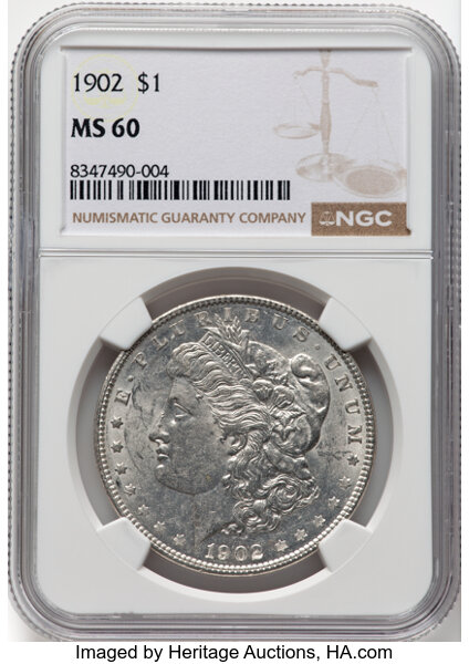 1902 $1 MS60 NGC. NGC Census: 90 in 60, 7672 finer (11/25). CDN: $110 Whsle. Bid for NGC/PCGS MS60. Mintage 7,994,777. ...